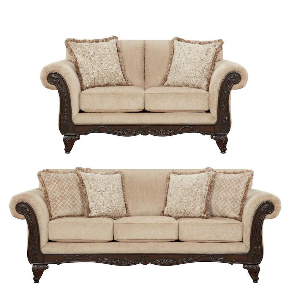 Hernen 2-Piece Living Room Set, Carved Wood Frame Sofa and Loveseat, Emma Wheat. Picture 1