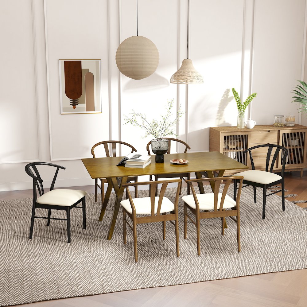 7-Piece Dining Set, Wood Dining Table with 4 Walnut and 2 Black Wishbone Chairs. Picture 2