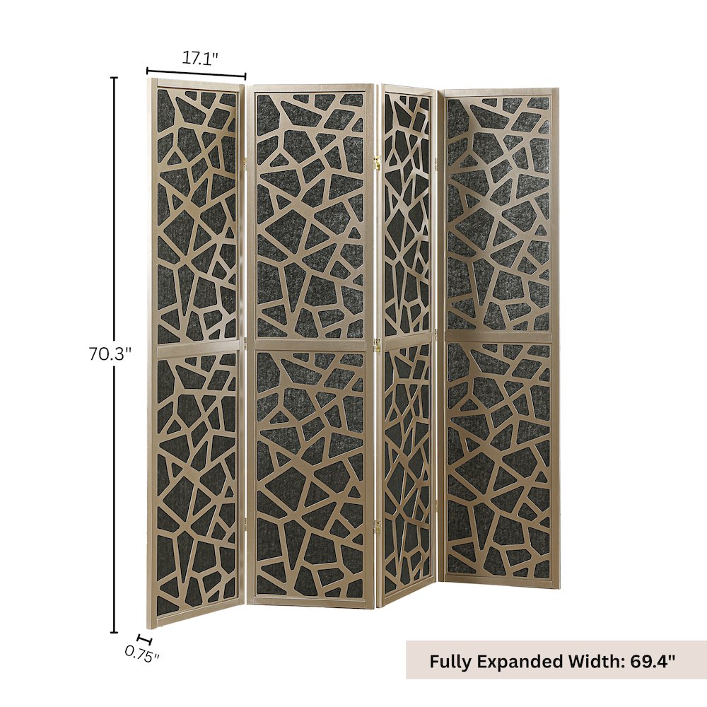 4-Panel Wood Room Divider, Folding Portable Partition Screen, Black and Gold. Picture 6