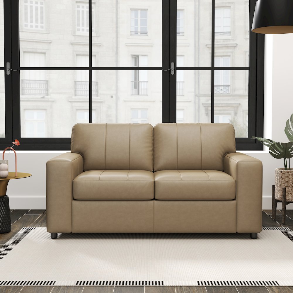 Sakan Leather Upholstered Loveseat, Beige. Picture 3