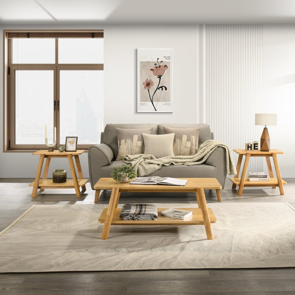 3-Piece Coffee Table Set, Coffee Table and Two End Tables, Natural Oak Finish. Picture 2