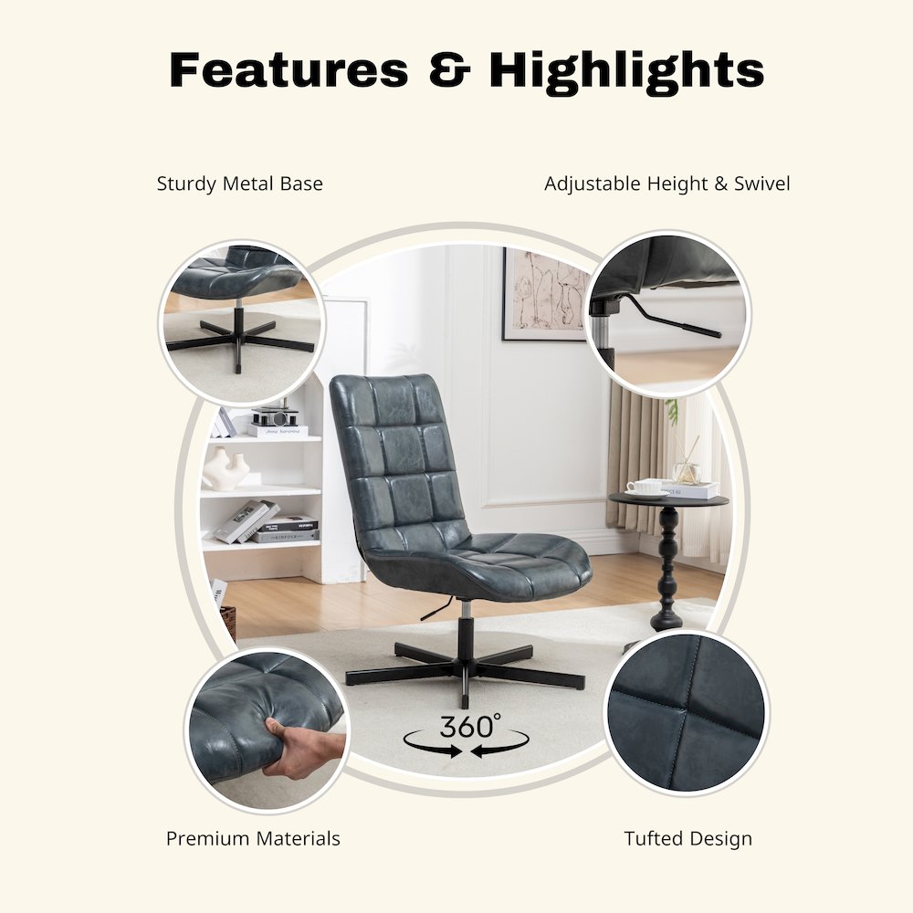 Arlena 2-Piece Seating Set, Faux Leather Tufted Accent Chair and Ottoman, Blue. Picture 5