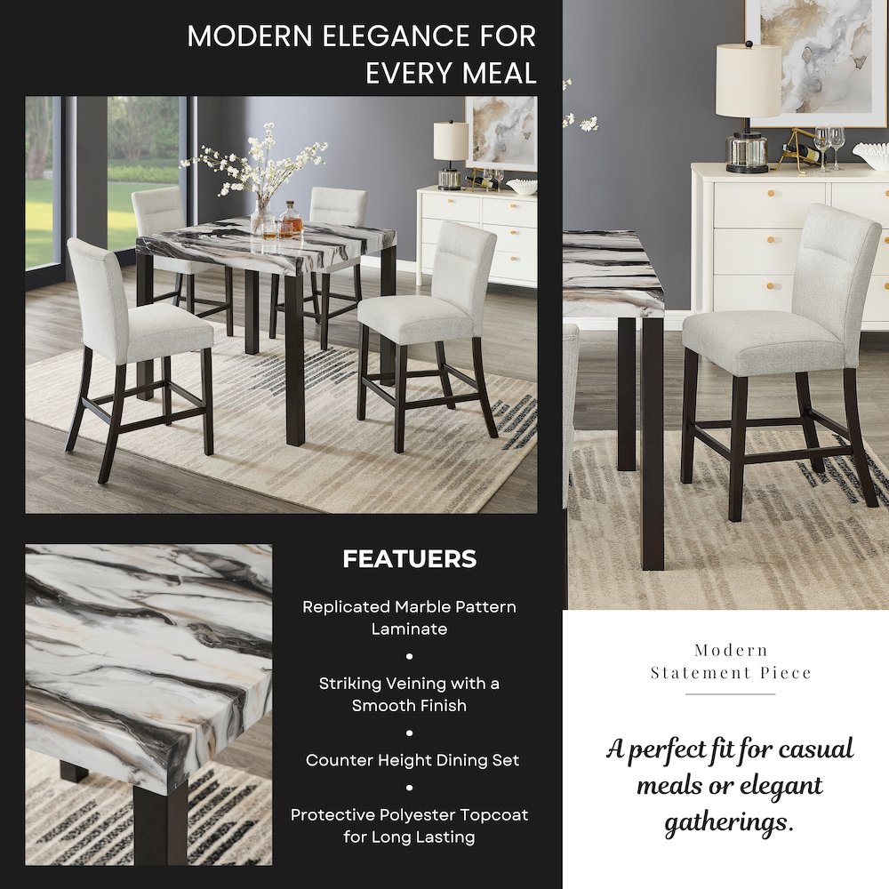 Cavira Modern Faux Marble Counter Height Dining Table with 4 Stools. Picture 9