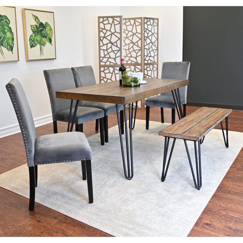 Ashzo 6-Pc Dining Set, Hairpin Dining Table with 4 Chairs and Bench, Gray. Picture 4