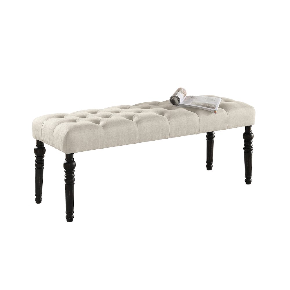 Leviton Fabric Tufted Turned Leg Dining Bench, Tan. Picture 1