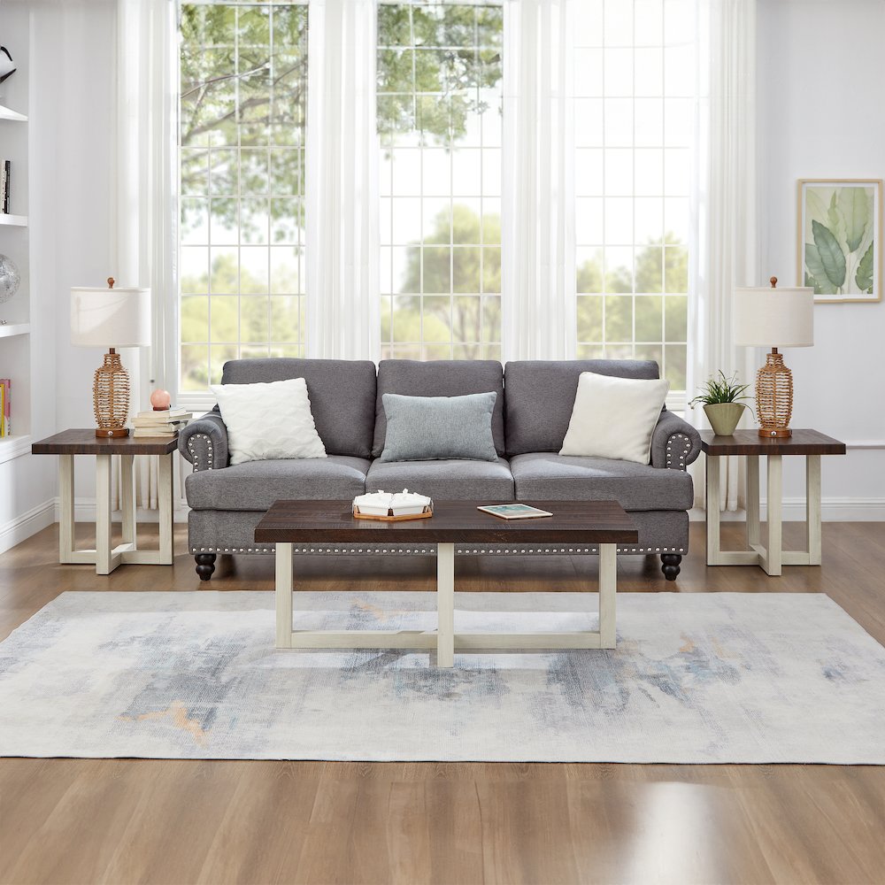 Luno 3-Piece Coffee Table Set, Coffee Table and Two End Tables, Walnut and White. Picture 3