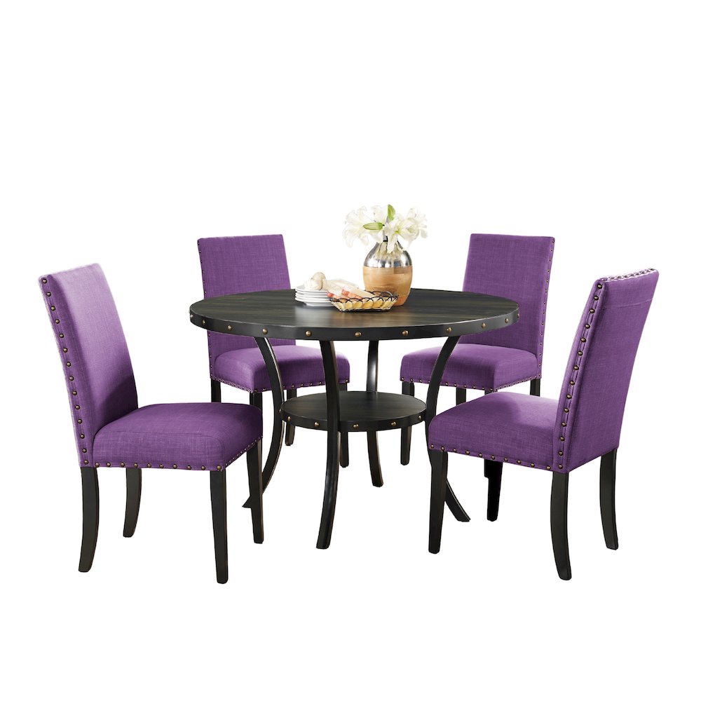 Biony Espresso Wood Dining Set with 4 Fabric Nailhead Chairs, Purple. Picture 1