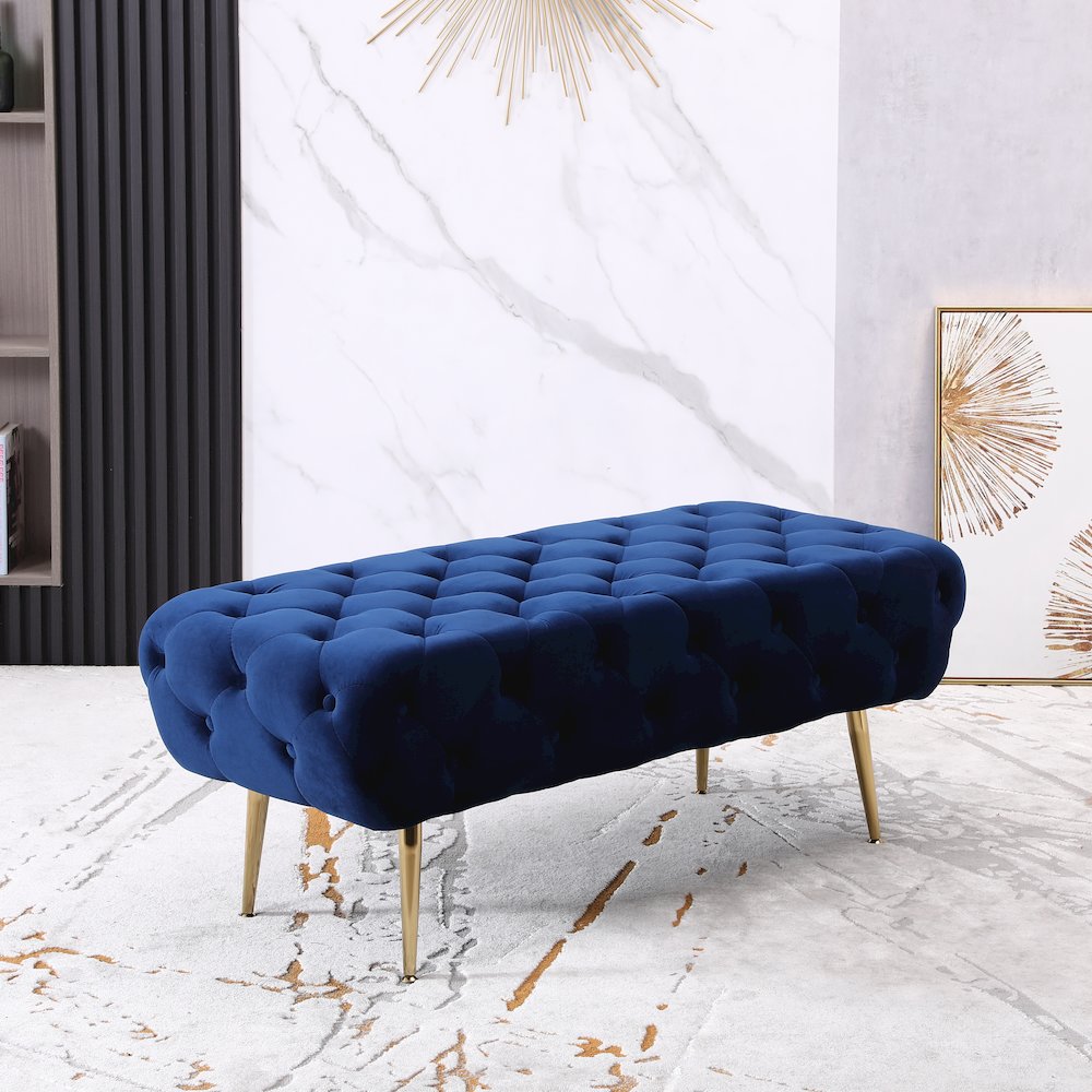 Sira Velvet Button Tufted Bench with Gold Metal Legs, Blue. Picture 5