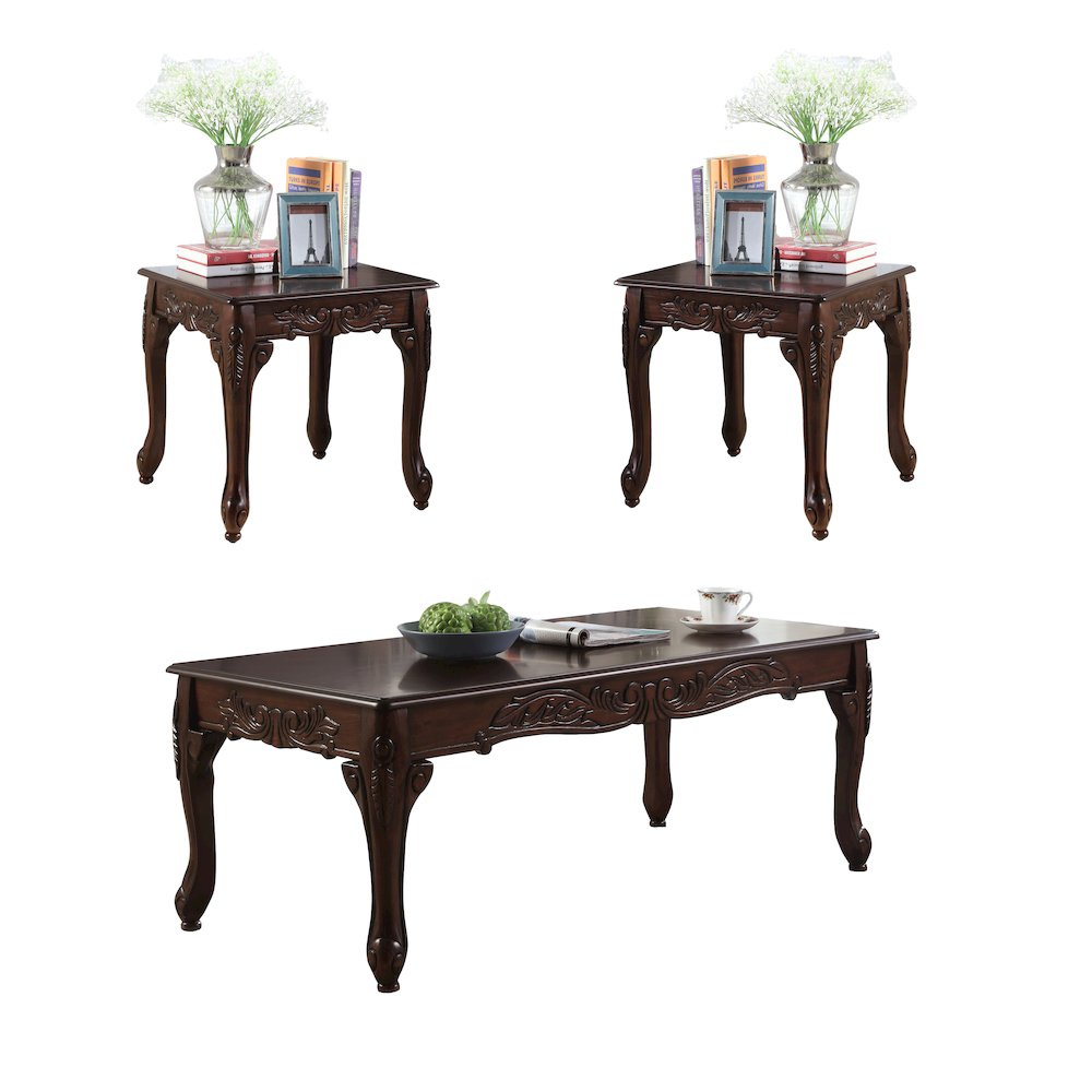 Blush 3-Pc Dark Cherry Finish Wood Coffee & End Table Set. Picture 1