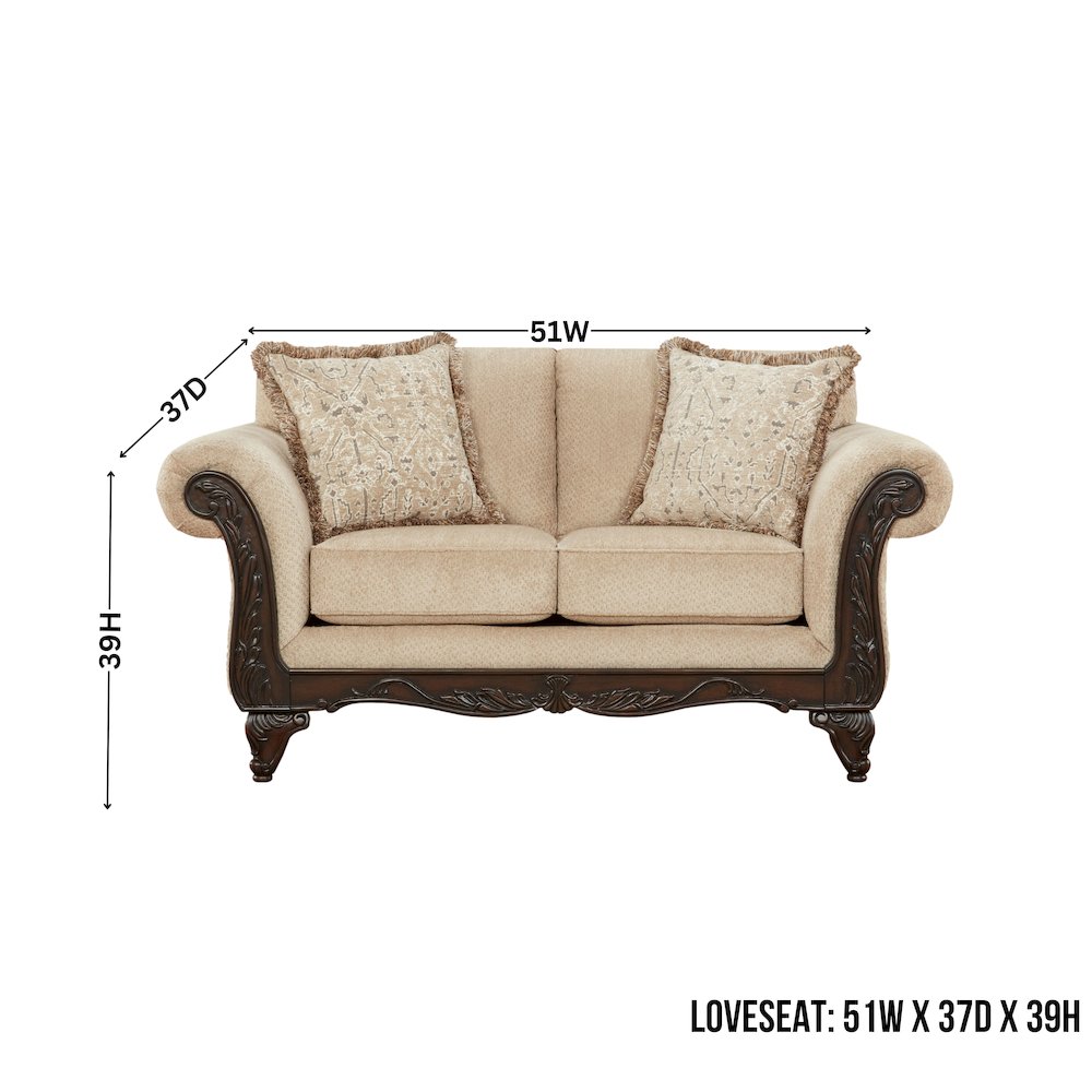 Hernen 2-Piece Living Room Set, Carved Wood Frame Sofa and Loveseat, Emma Wheat. Picture 9