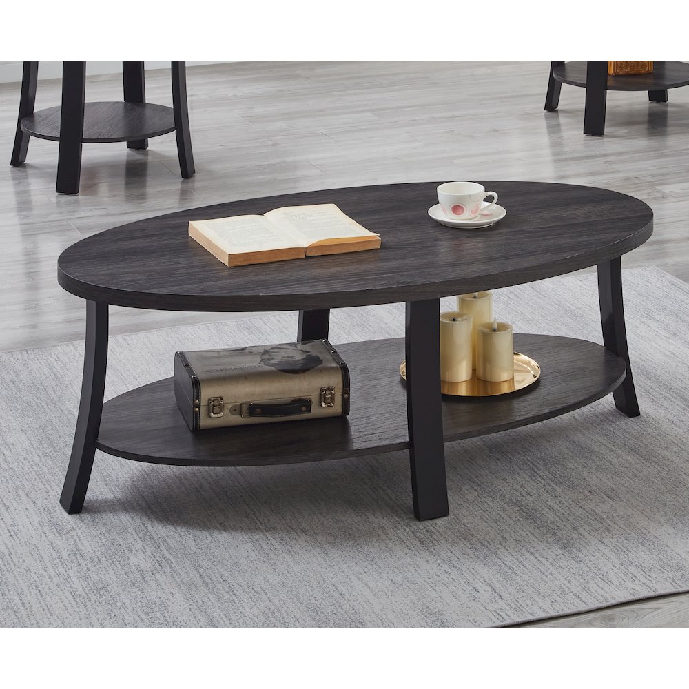 Anze Contemporary Oval Wood Shelf Coffee Table in Charcoal Finish. Picture 6
