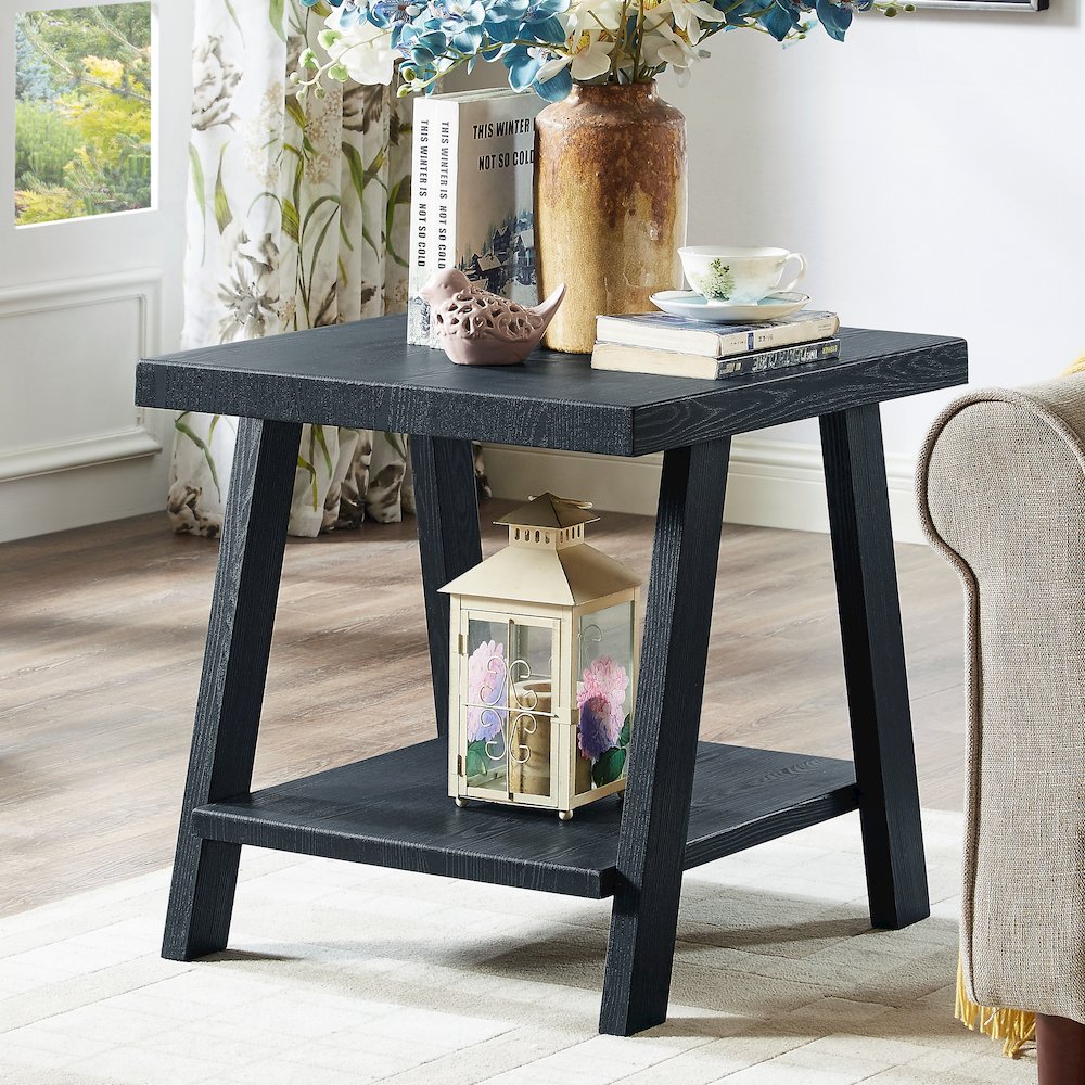 Athens Contemporary Replicated Wood Shelf Coffee Set Table in Black Finish. Picture 5