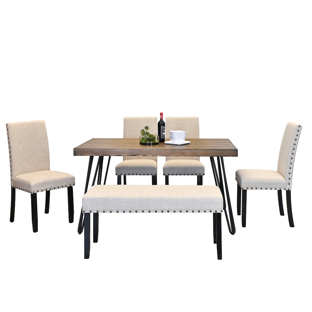 Amisos 6-Pc Dining Set, Hairpin Dining Table with 4 Chairs and Bench, Tan. Picture 1