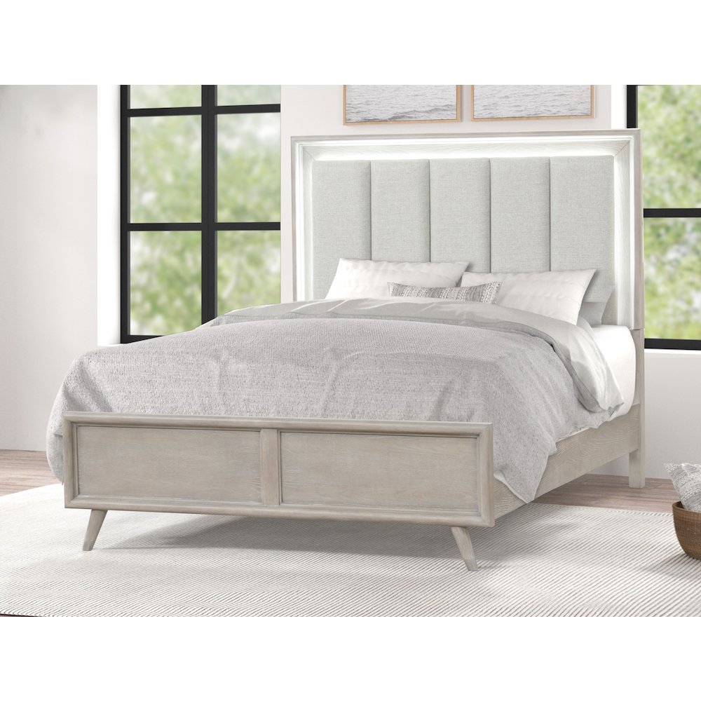 Seluna LED Lighting Panel Bed, Upholstered Headboard, Gray Oak Finish, Queen. Picture 2