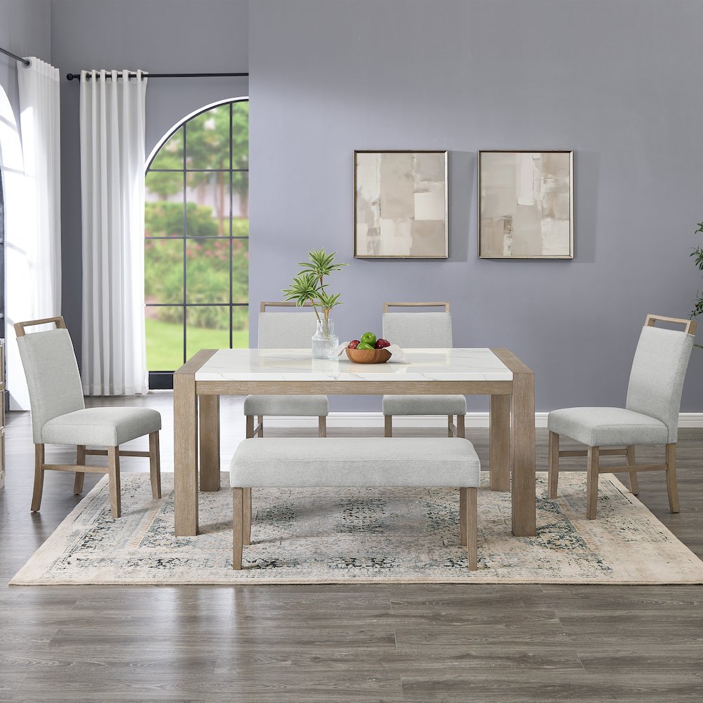 Zelalle 6-PC Dining Set, Table, 4 Chairs, and Bench, White Wired-Brushed Finish. Picture 2