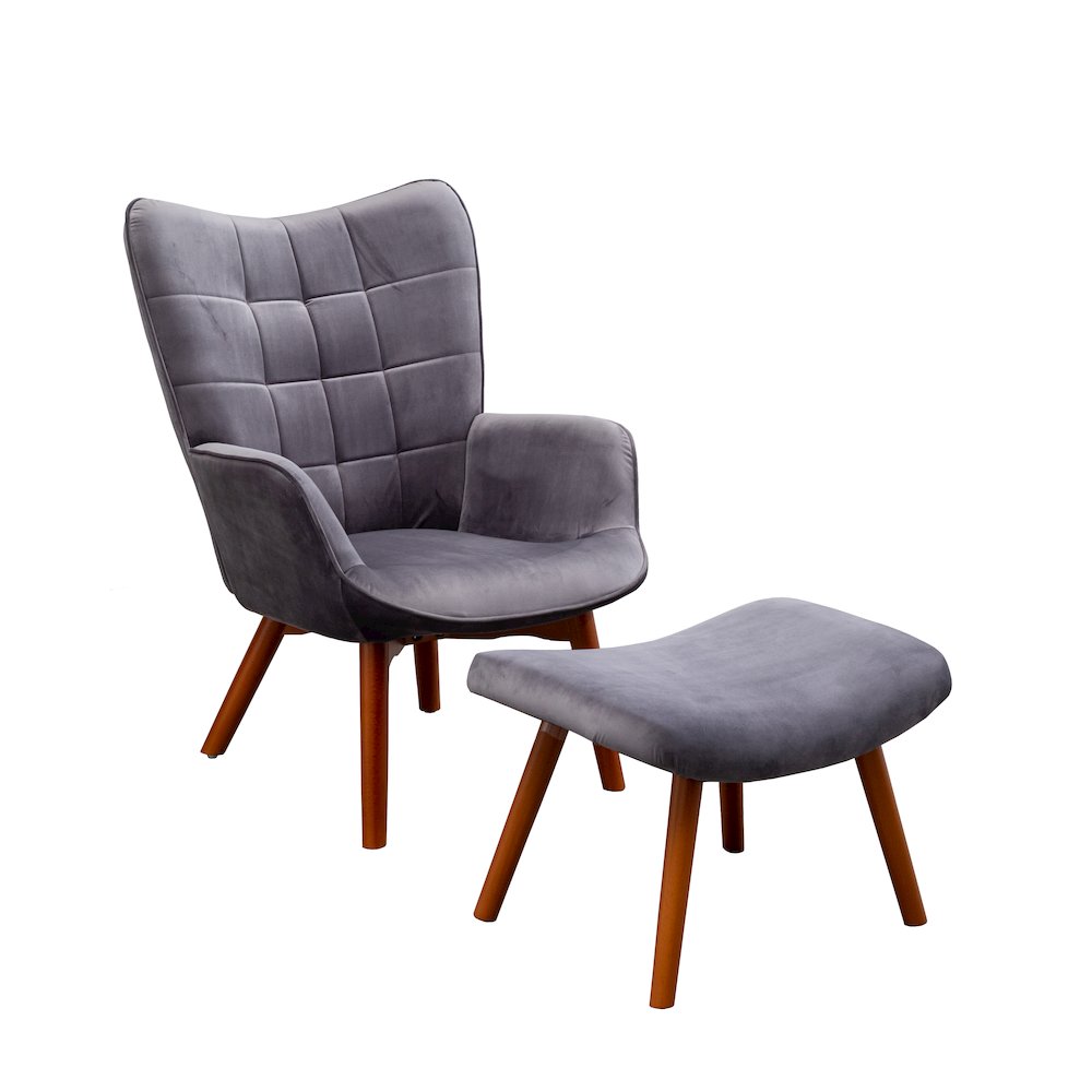 Leiria Contemporary Silky Velvet Tufted Accent Chair with Ottoman, Gray. Picture 1