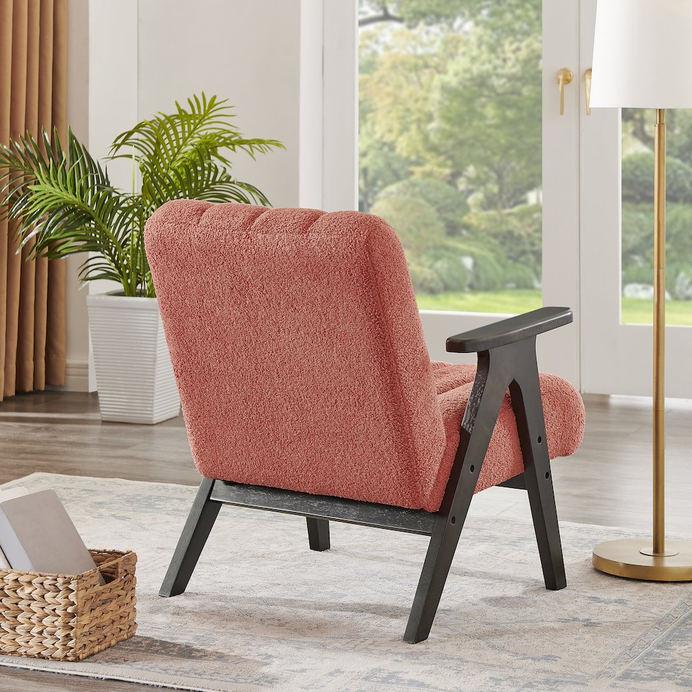 Rella Modern Teddy Sherpa Accent Chair with Espresso Wood Frame, Coral. Picture 3