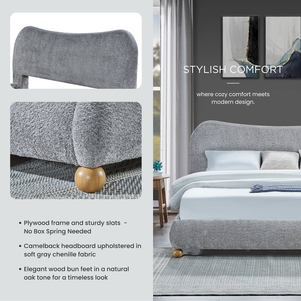 Lunara Gray Upholstered Platform Bed with Bun Feet, Queen. Picture 6