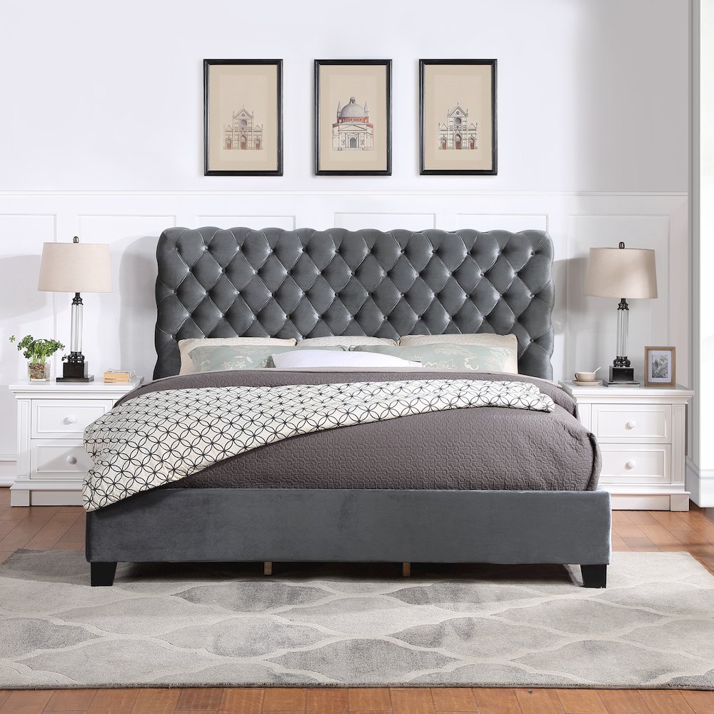 Apoera Velvet Upholstered Button Tufted Bed, Queen, Gray. Picture 3