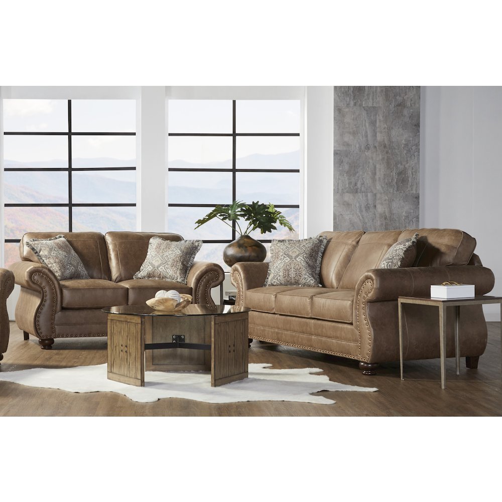 Leinster Faux Leather Sofa and Loveseat with Antique Bronze Nailheads. Picture 2