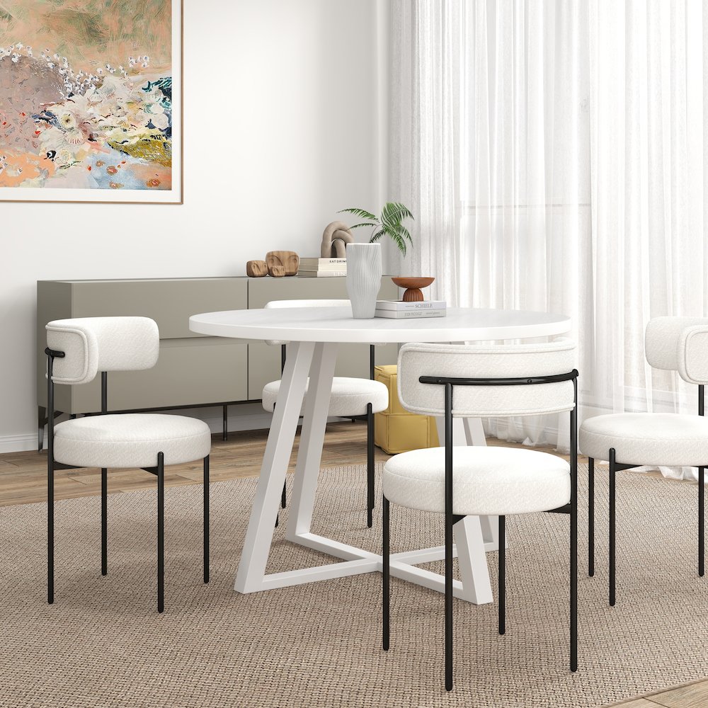 Durban 5-Pc Round Dining Set, Trestle Dining Table with 4 Boucle Chairs. Picture 4