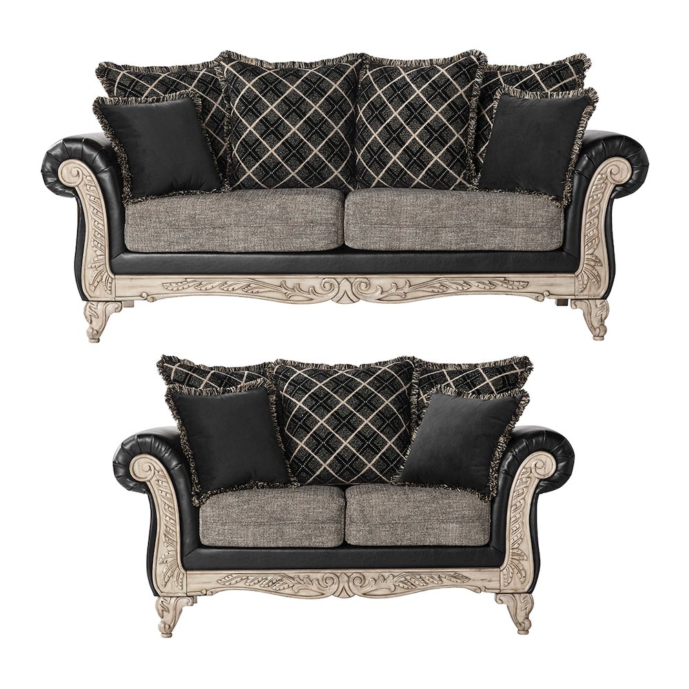 San Marino 2-Tone Fabric Wooden Frame Sofa and Loveseat Set in Ebony. Picture 1