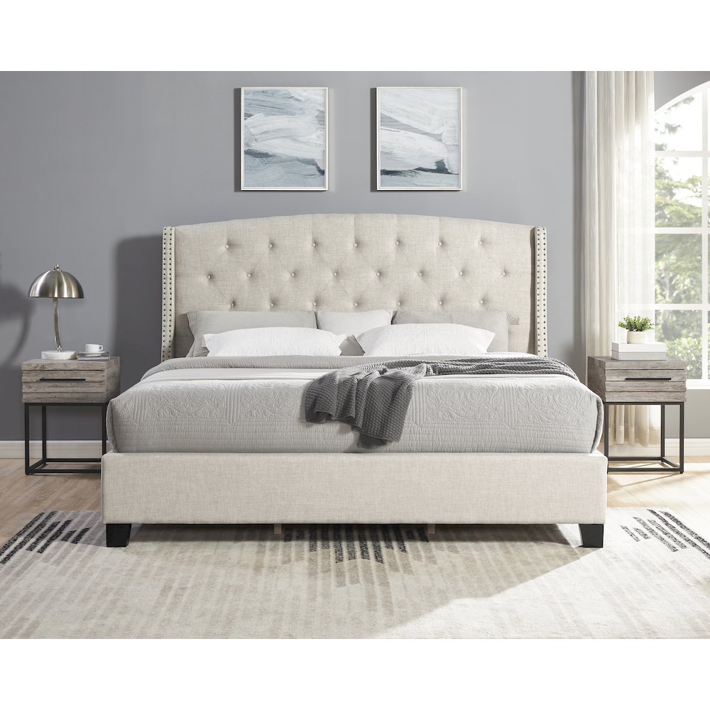 3-Piece Upholstered Bedroom Set, Tufted Wingback Bed, 2Gray Nightstands, King. Picture 2