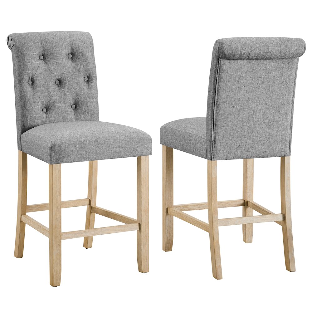 Siena Counter Height Button Tufted Back Solid Wood Stools, Set of 2, Gray. Picture 3