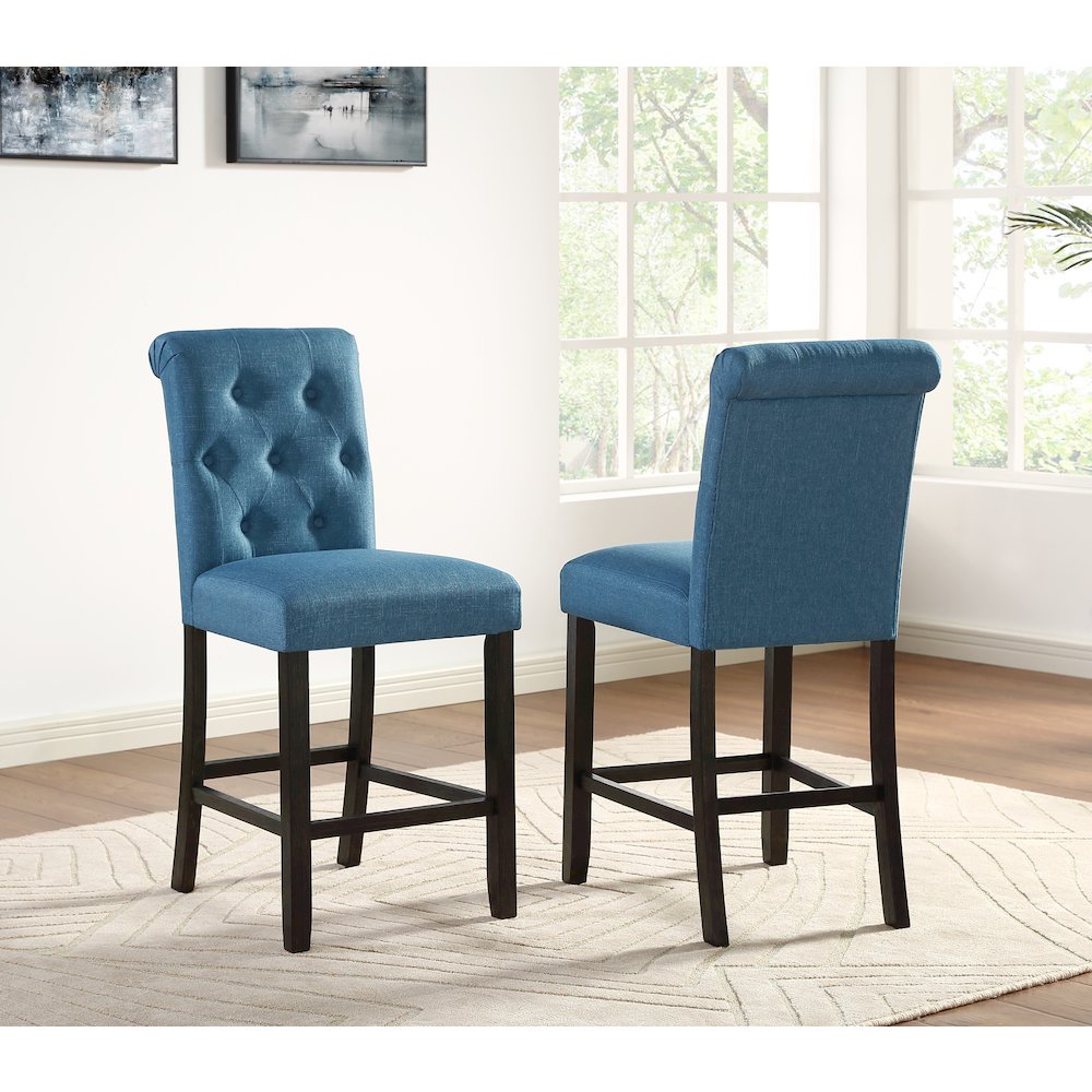 Leviton Solid Wood Tufted Asons Counter Height Stool, Set of 2, Blue. Picture 2