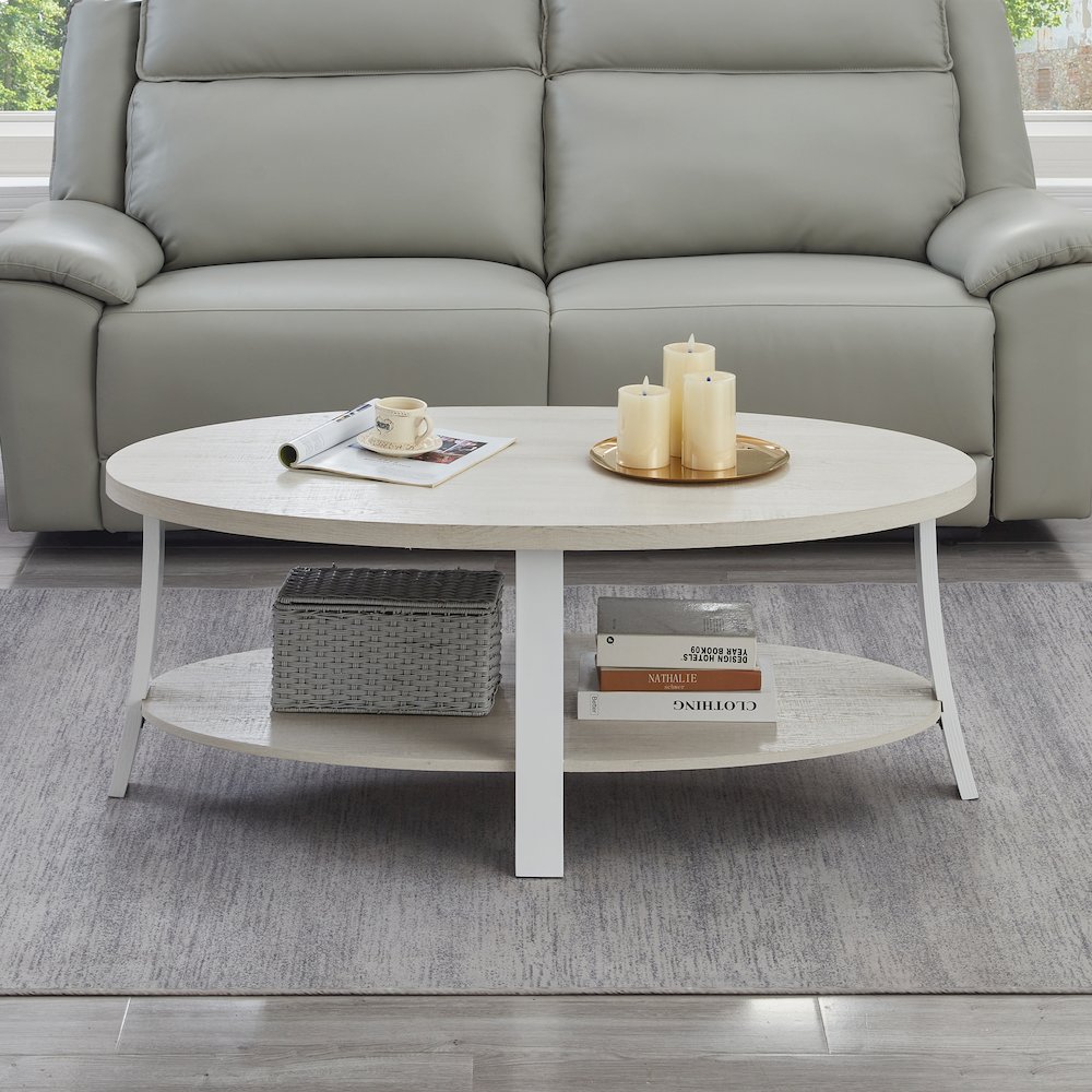 Anze Contemporary Oval Wood Shelf Coffee Table in White Finish. Picture 3