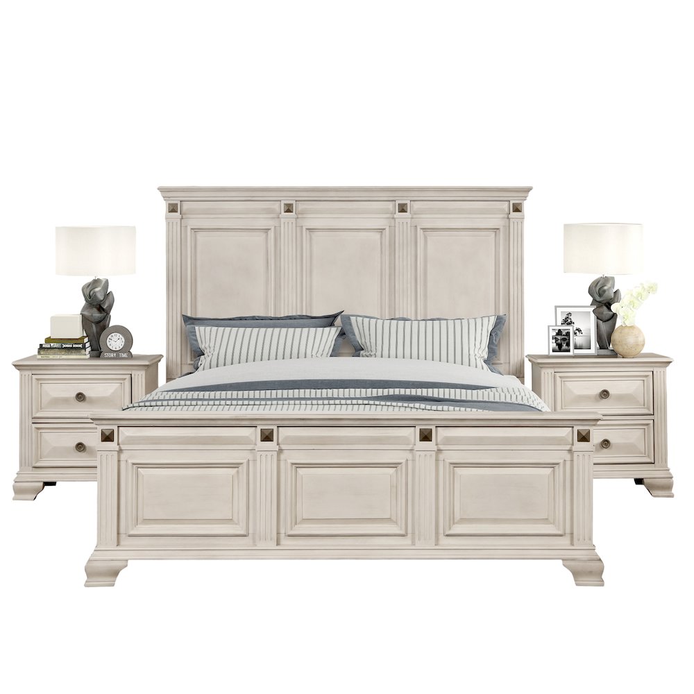 Renova 3-Piece Distressed Parchment Bedroom Set, King Bed with 2 Nightstands. Picture 1