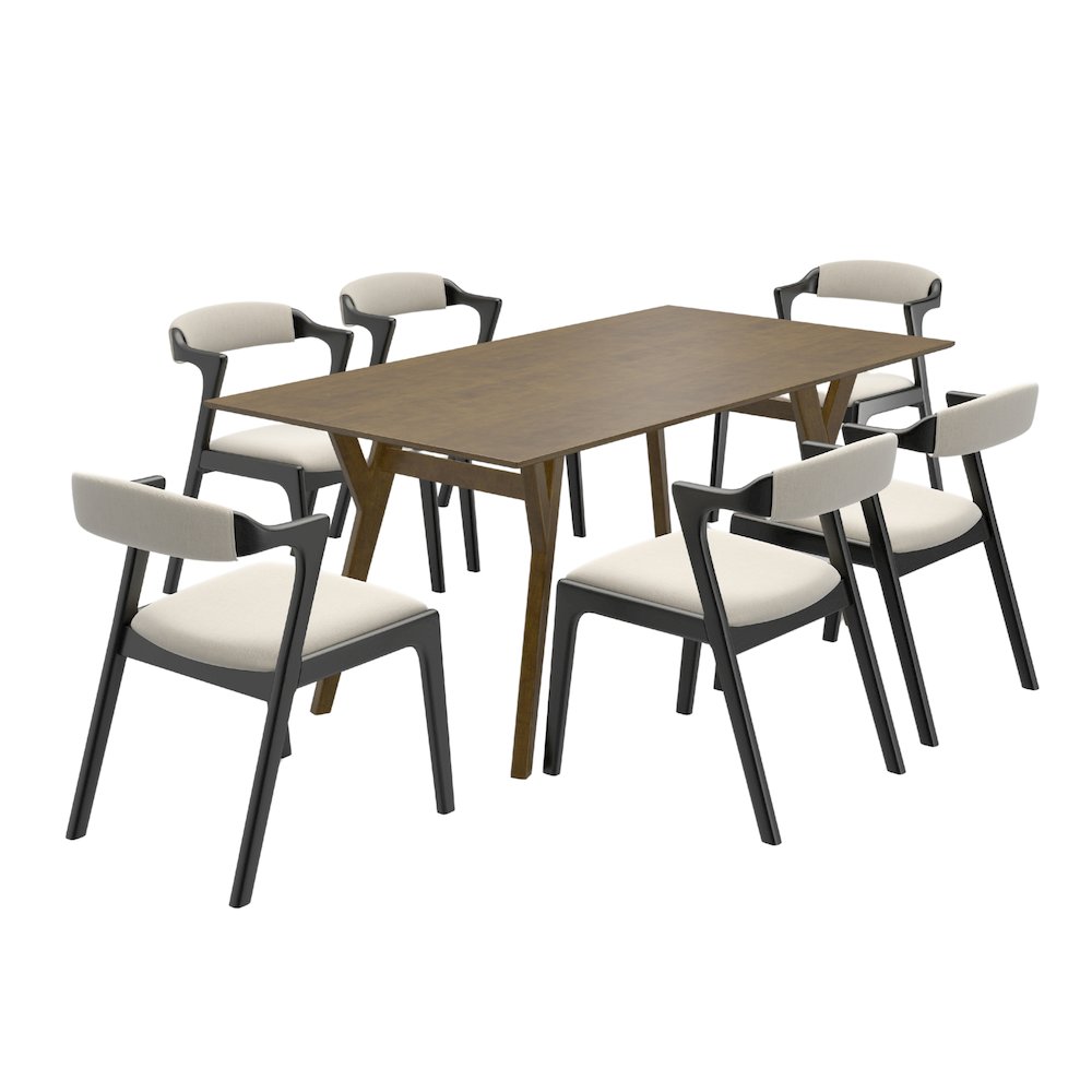 Modern 7-Piece Dining Set, Walnut Finished Dining Table with 6 Black Chairs. Picture 1
