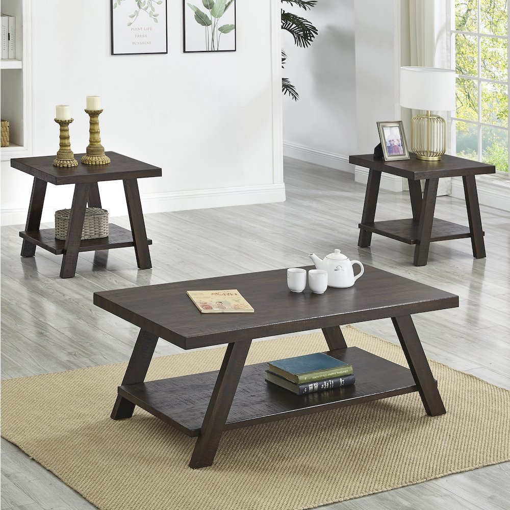 Athens Contemporary 3-Pc Wood Shelf Coffee Table Set in Weathered Espresso. Picture 2