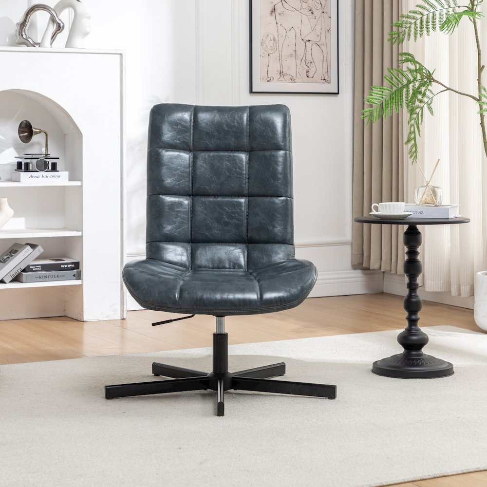 Arlena Faux Leather Tufted Swivel Accent Chair, Blue. Picture 4