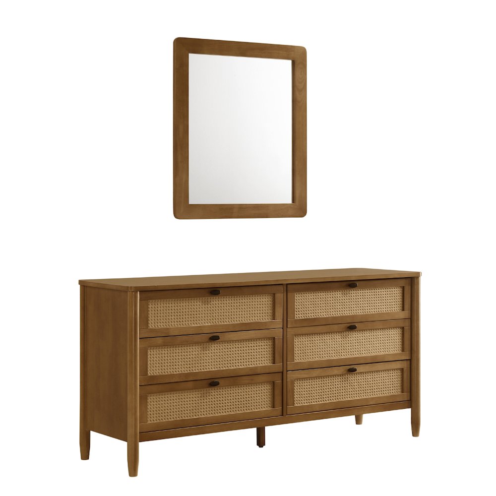 Vichy Wood and Rattan 6-Drawer Dresser with Mirror. Picture 1