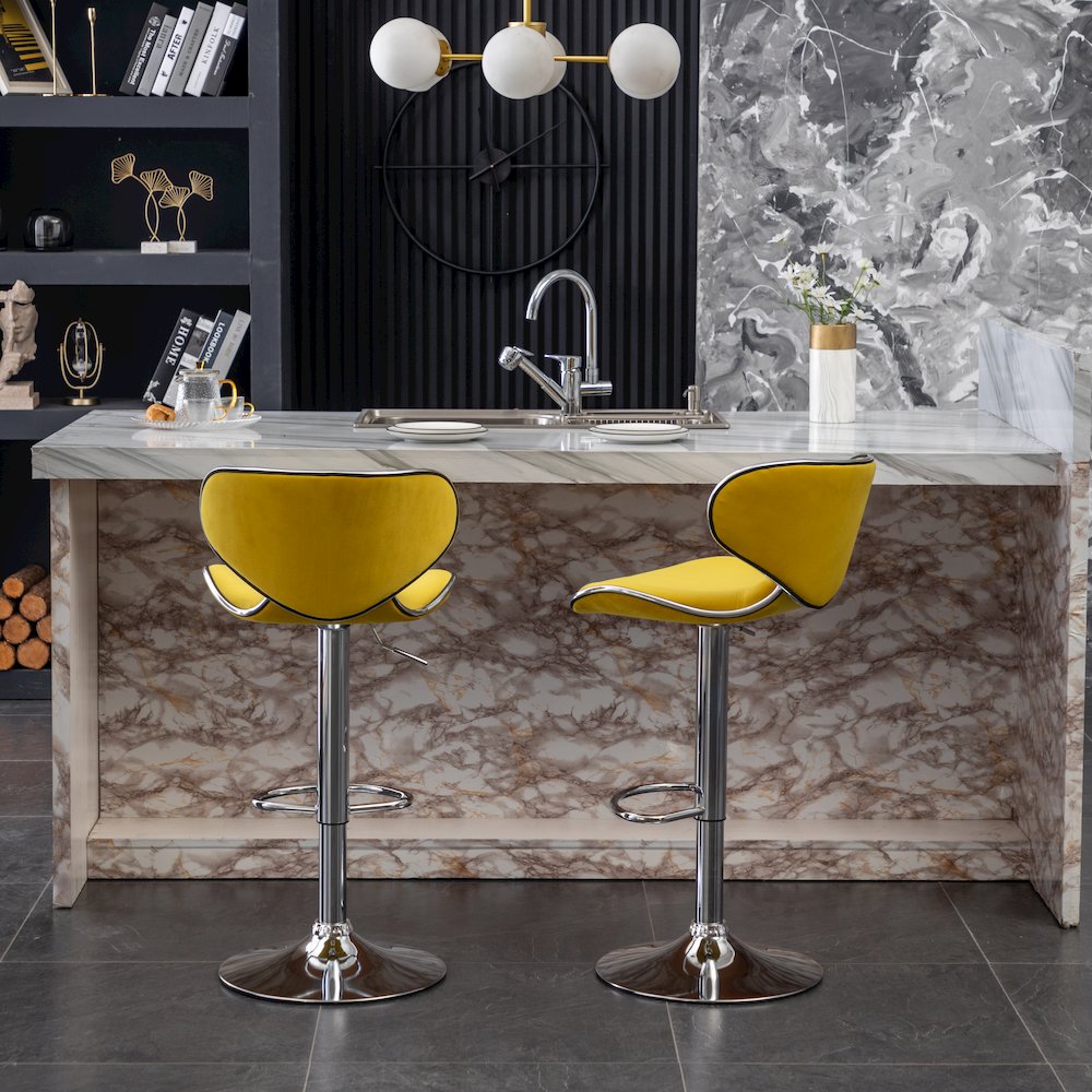 Masaccio Velvet Upholstered Adjustable Swivel Barstool, Set of 2, Yellow. Picture 5