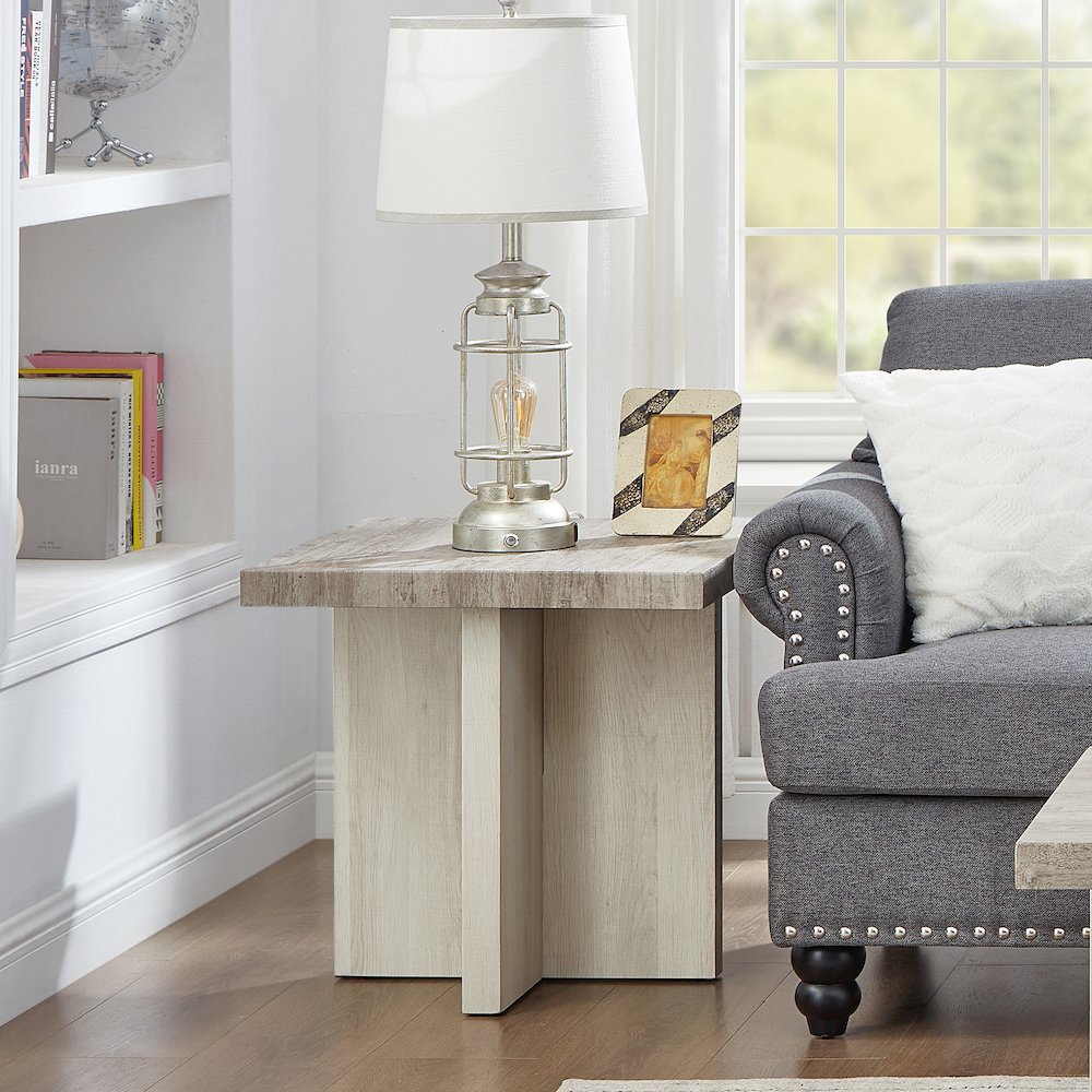Mchome Square End Table, Nightstand, Weathered Gray and Beige. Picture 2