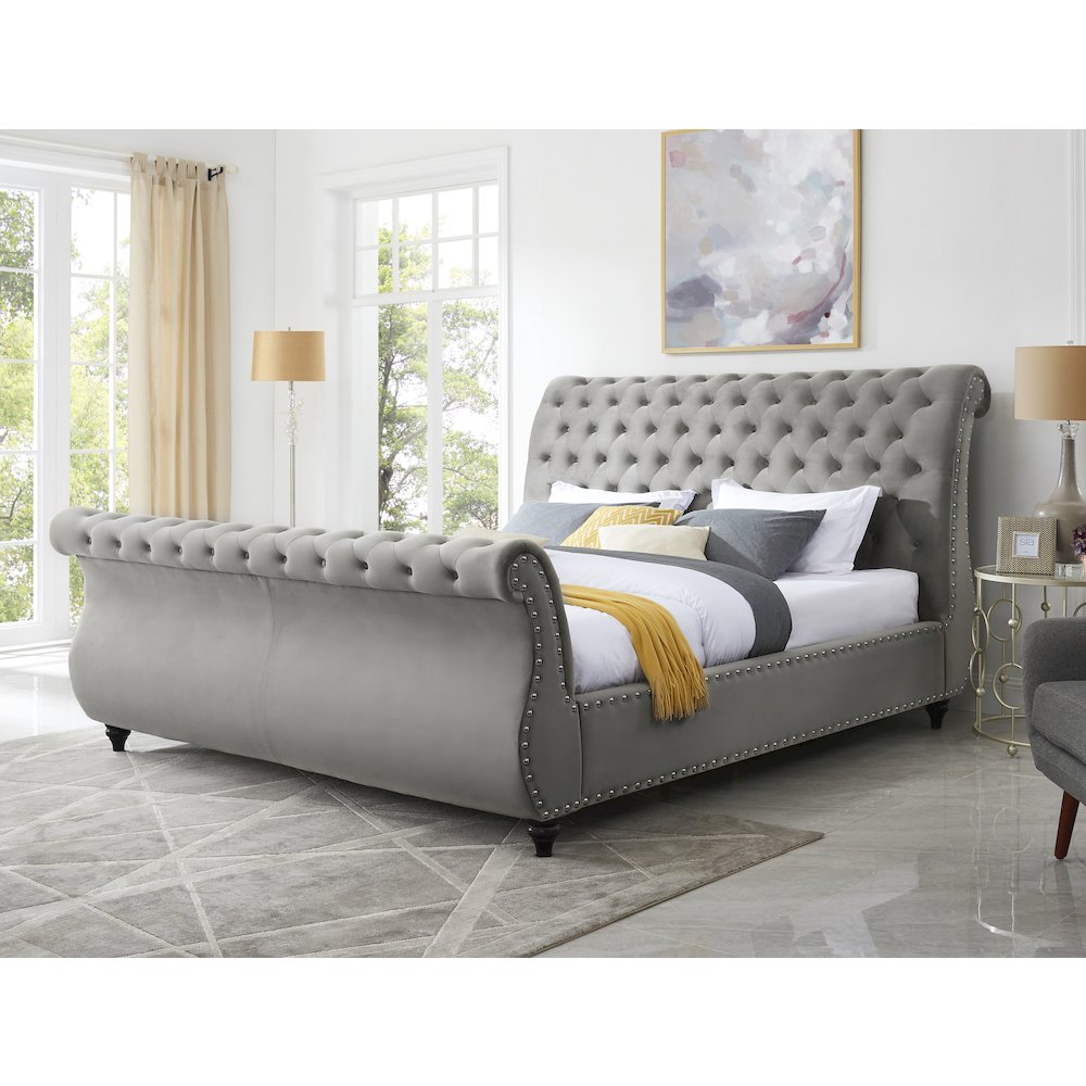 Evora Gray Velvet Upholstered Button Tufted Sleigh Bed, King. Picture 2