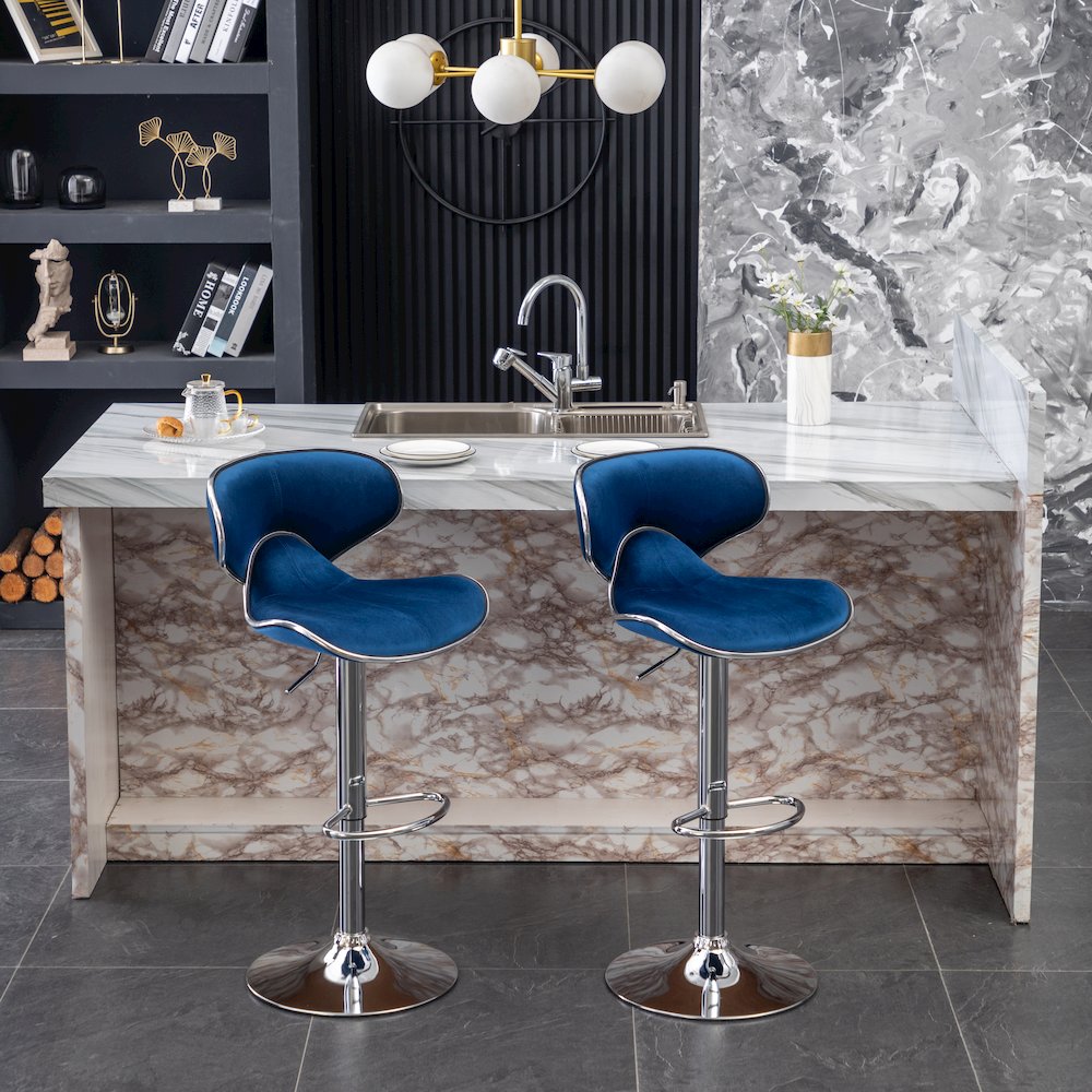 Masaccio Velvet Upholstered Adjustable Swivel Barstool, Set of 2, Blue. Picture 4