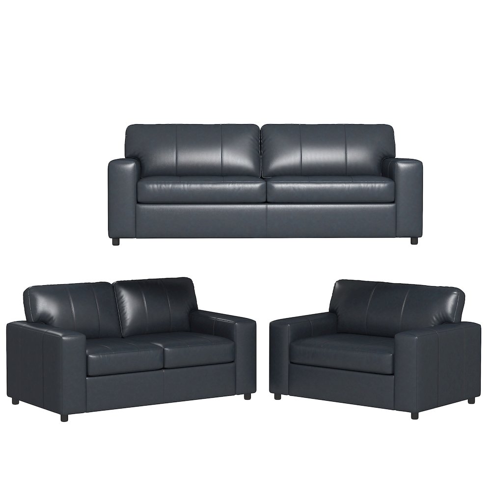 Sakan Leather 3-Pc Living Room Set, Sofa Loveseat and Chair, Blue. Picture 14