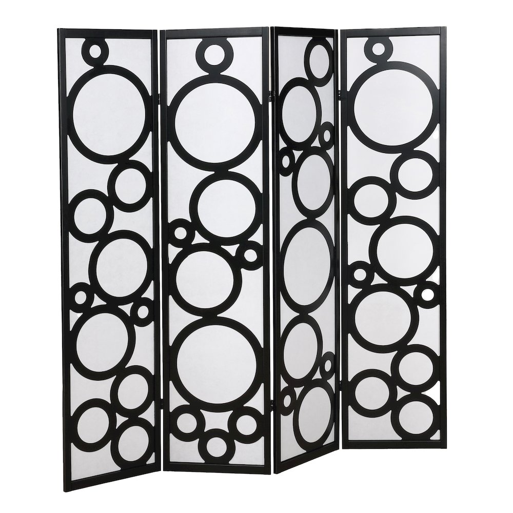 Arvada 4-Panel Wood Room Divider with Circle Pattern, Black. Picture 1