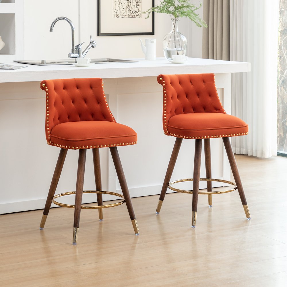 Elvara Set of 2 Button-Tufted Counter Stools with Nailhead Trim - Orange. Picture 4