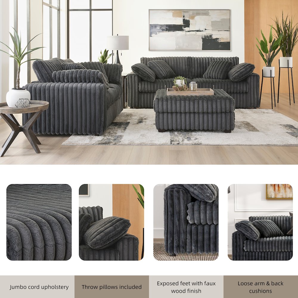 Belvoir 3-Piece Living Room Set, Sofa Loveseat and Ottoman, Charcoal. Picture 7