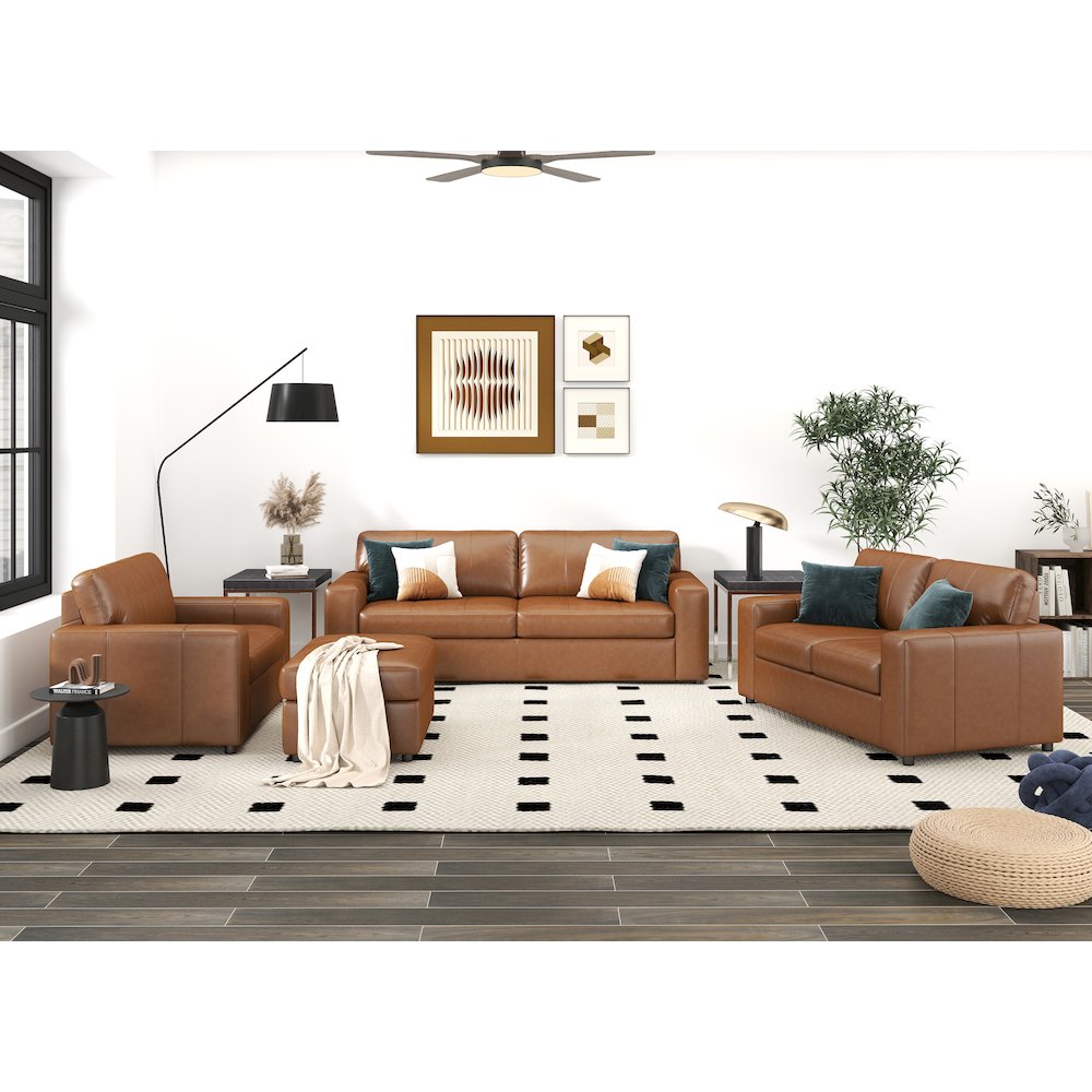 Sakan Leather 4-Pc Living Room Set, Sofa Loveseat, Chair and Ottoman, Caramel. Picture 2