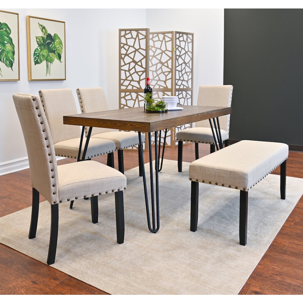 Amisos 6-Pc Dining Set, Hairpin Dining Table with 4 Chairs and Bench, Tan. Picture 3