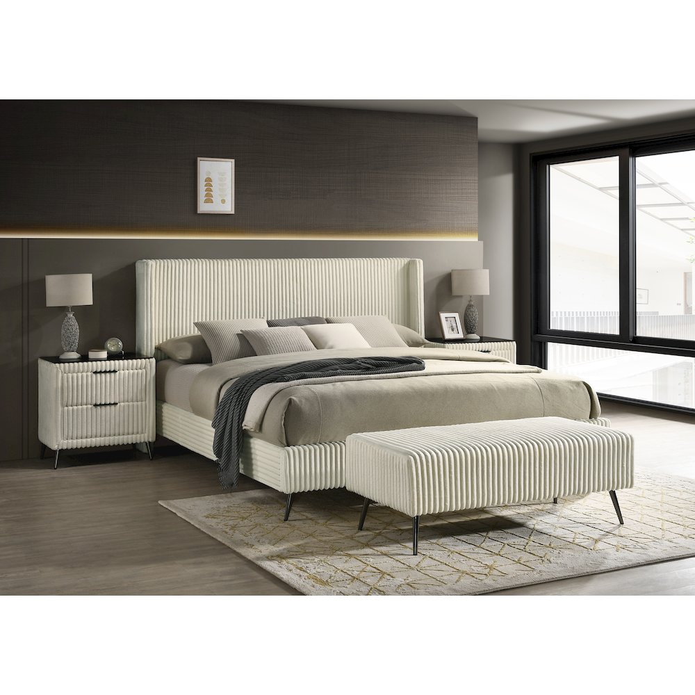 Mavela Wide Wale Corduroy Upholstery Panel King Bed with 2 Nightstands and Bench. Picture 2