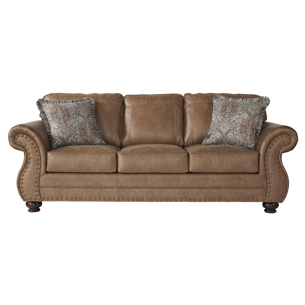 Leinster Faux Leather Sofa with Antique Bronze Nailheads in Jetson Ginger. Picture 1