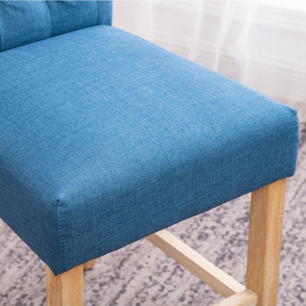Siena Counter Height Button Tufted Back Solid Wood Stools, Set of 2, Blue. Picture 5