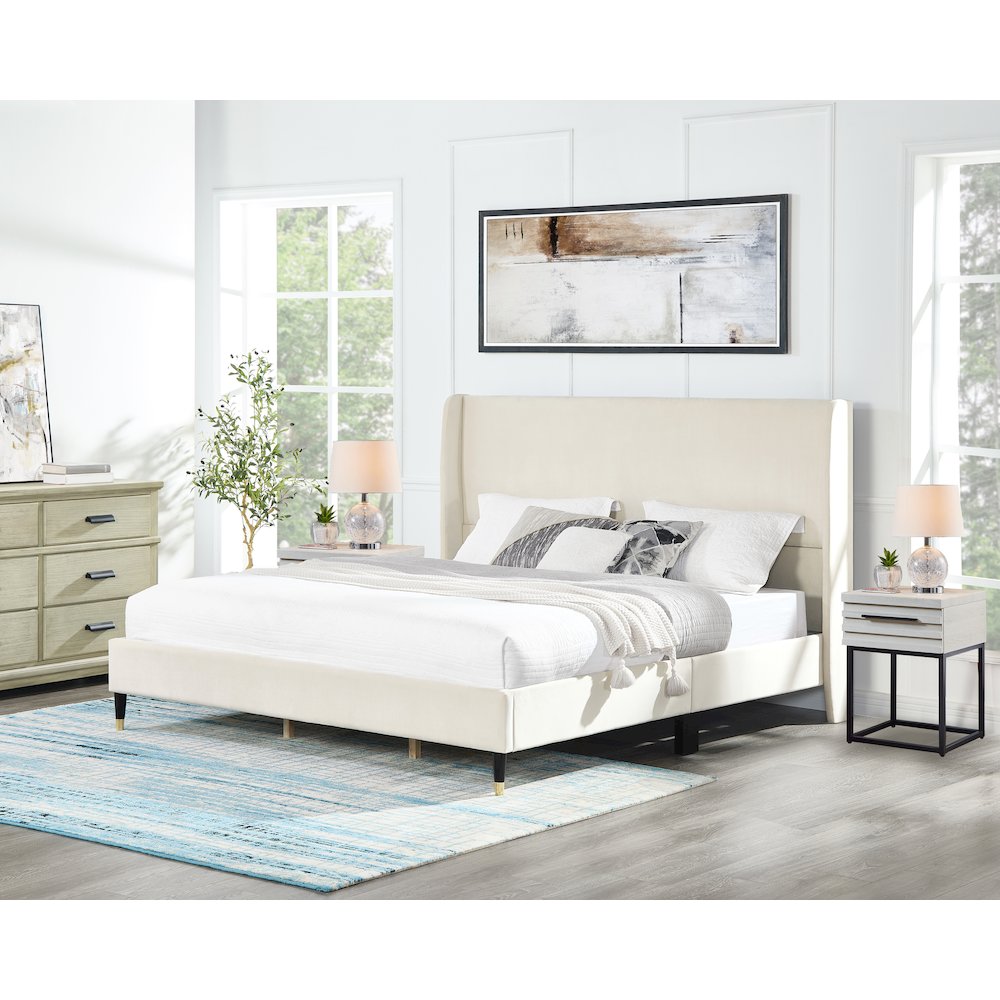 Arles Upholstered Bedroom Set,Wingback Platform Bed with 2Nightstands, King. Picture 3