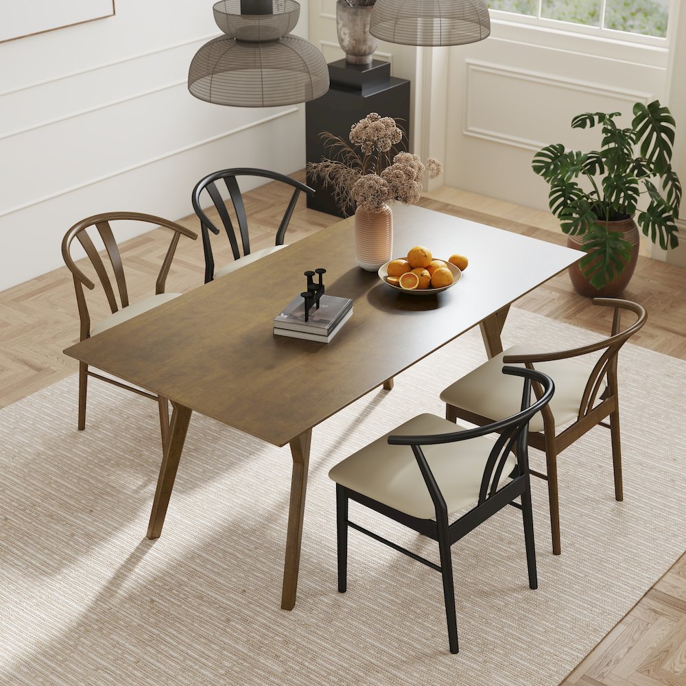 5-Piece Dining Set, Dining Table with 2 Walnut and 2 Black Wishbone Chairs. Picture 4